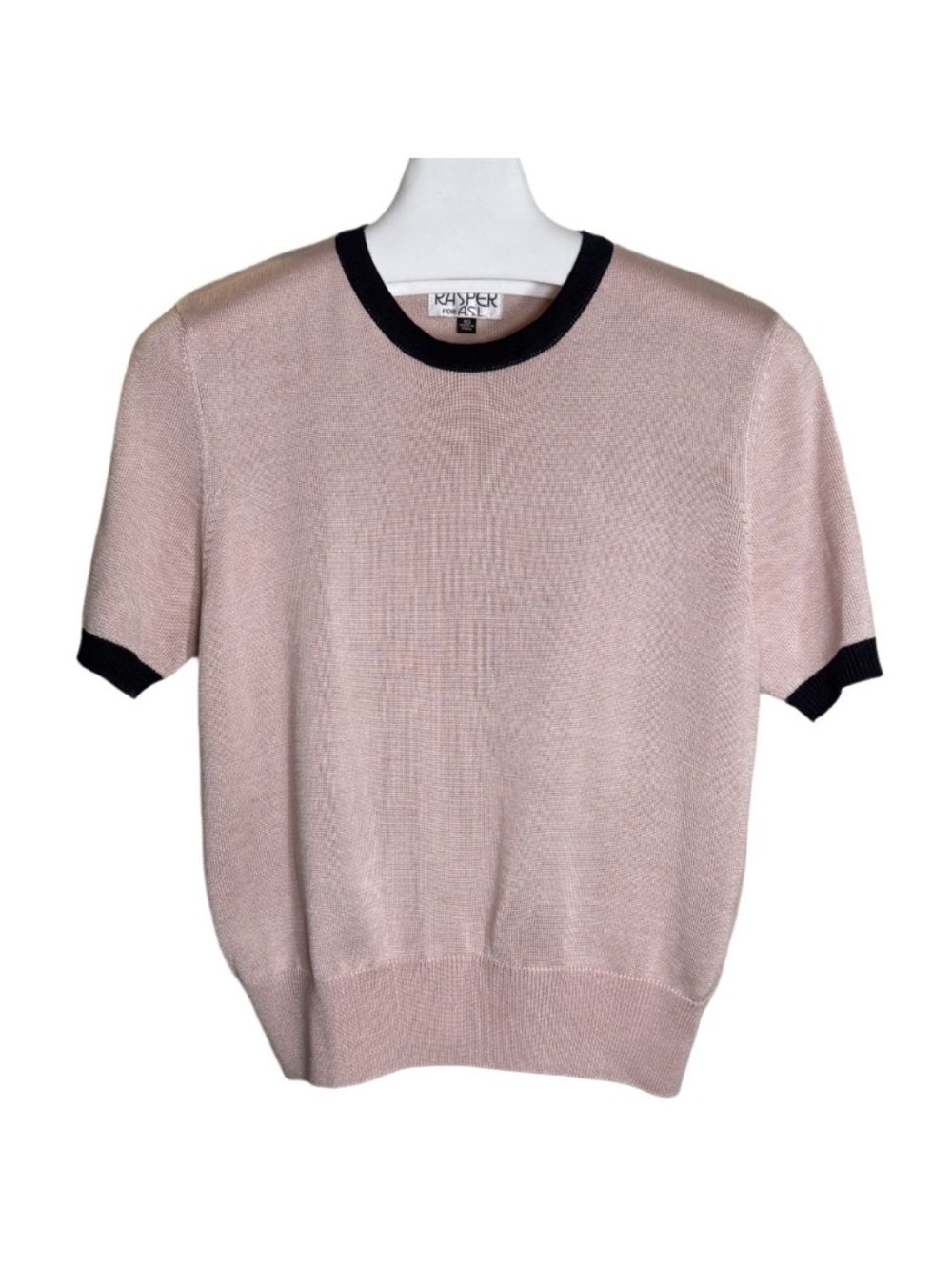Silk Vintage Kasper Blush Knit Top with Black Accents Classic Preppy Academia
